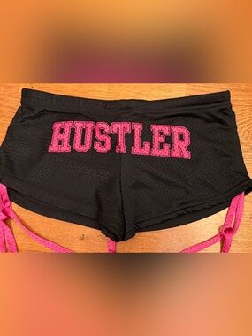 Hustler Honey Black Athletic Shorts with Pink Logo and Ties